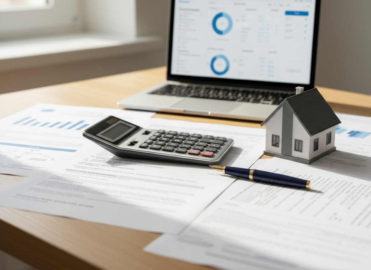 A neatly arranged stack of real estate and mortgage documents spread across a light oak desk, with a sleek silver calculator, a navy-blue fountain pen, and a small model house with a matte white finish and dark slate roof at the center. Behind, a closed laptop with a minimalist financial dashboard on its screen sits slightly out of focus. Soft daylight from a nearby window washes the scene in a gentle, even glow, creating subtle reflections on the calculator buttons and light shadows under the papers. Photographic realism, shot at eye level with a shallow depth of field, clean and modern composition, conveying professionalism, clarity, and trust in real estate credit brokerage.