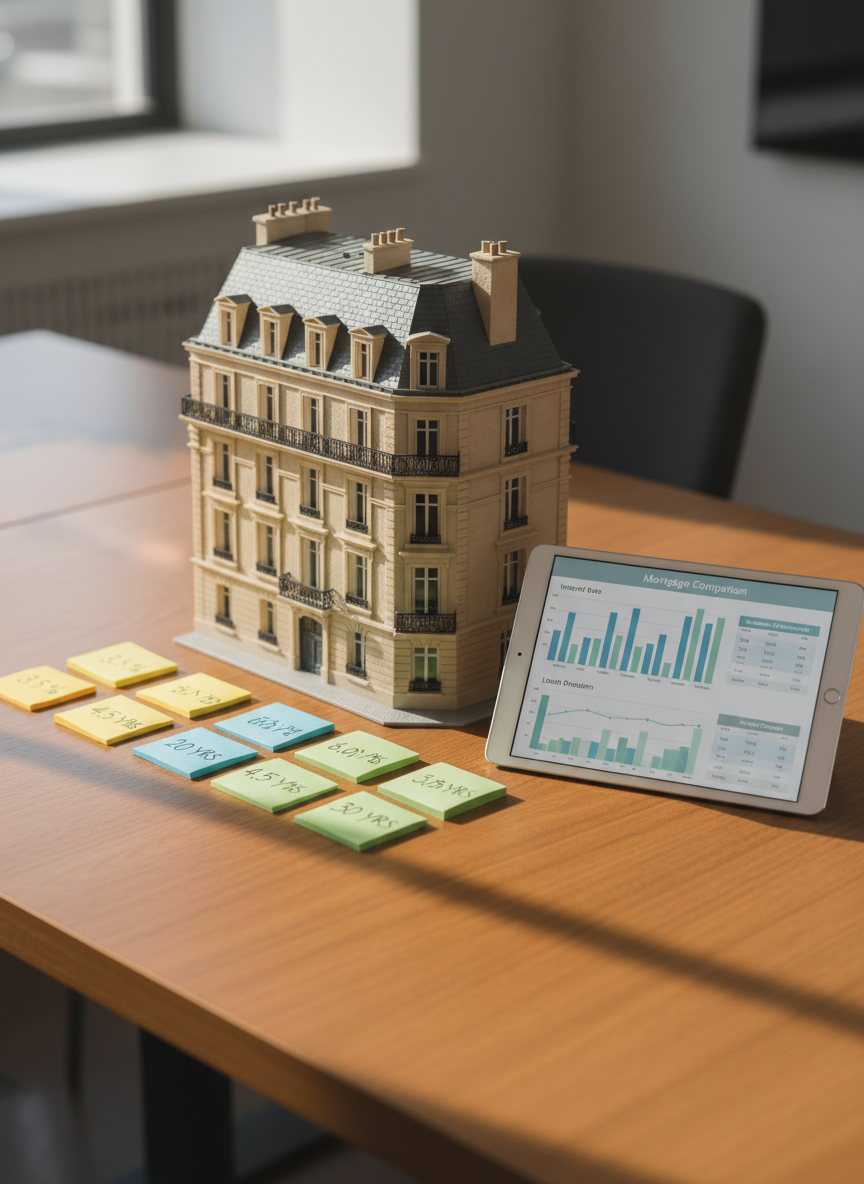 A close-up of a polished wooden tabletop where a realistic, high-quality miniature French-style apartment building model stands, rendered in soft beige stone and slate-gray roof tiles. Surrounding it are organized color-coded sticky notes with handwritten interest rates and loan durations, plus a slim tablet showing a clear mortgage comparison chart in muted blues and greens. Late-afternoon natural light enters from the left, casting long, gentle shadows and bringing out the textures of the model’s façade. Photographic realism, shot from a three-quarter angle, using the rule of thirds, with a professional, informative atmosphere that emphasizes structured mortgage planning and credit optimization.