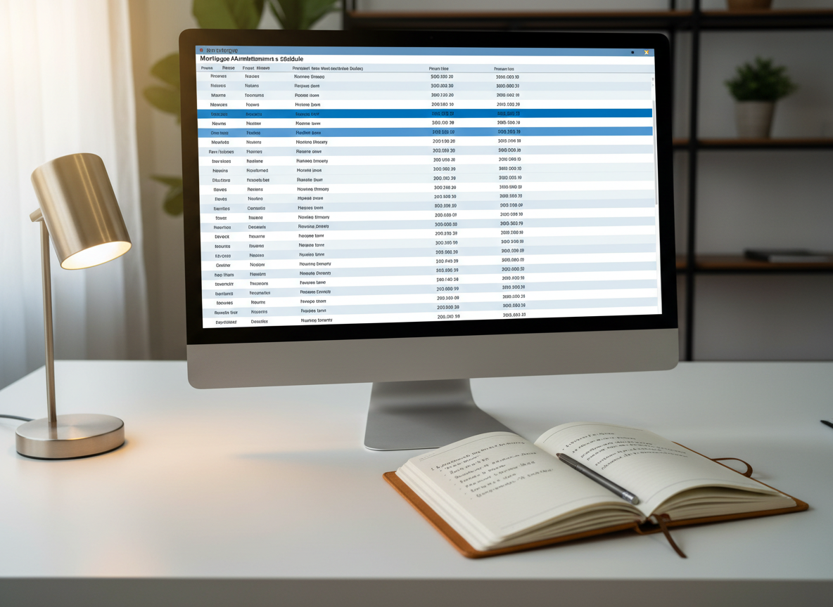 A modern workspace featuring a large flat-screen monitor displaying a detailed mortgage amortization schedule in crisp blues and grays, positioned on a tidy white desk. Next to it sits an open leather-bound notebook with neatly written loan scenarios and a slim graphite mechanical pencil resting across the page. A compact, brushed-metal desk lamp casts soft, warm light that mixes with cool natural daylight from an unseen window, balancing the illumination and creating a calm, analytical mood. Photographic realism with a slightly elevated angle, sharp focus on the screen and notebook, background gently blurred, reflecting a professional, meticulous real estate credit advisory environment.